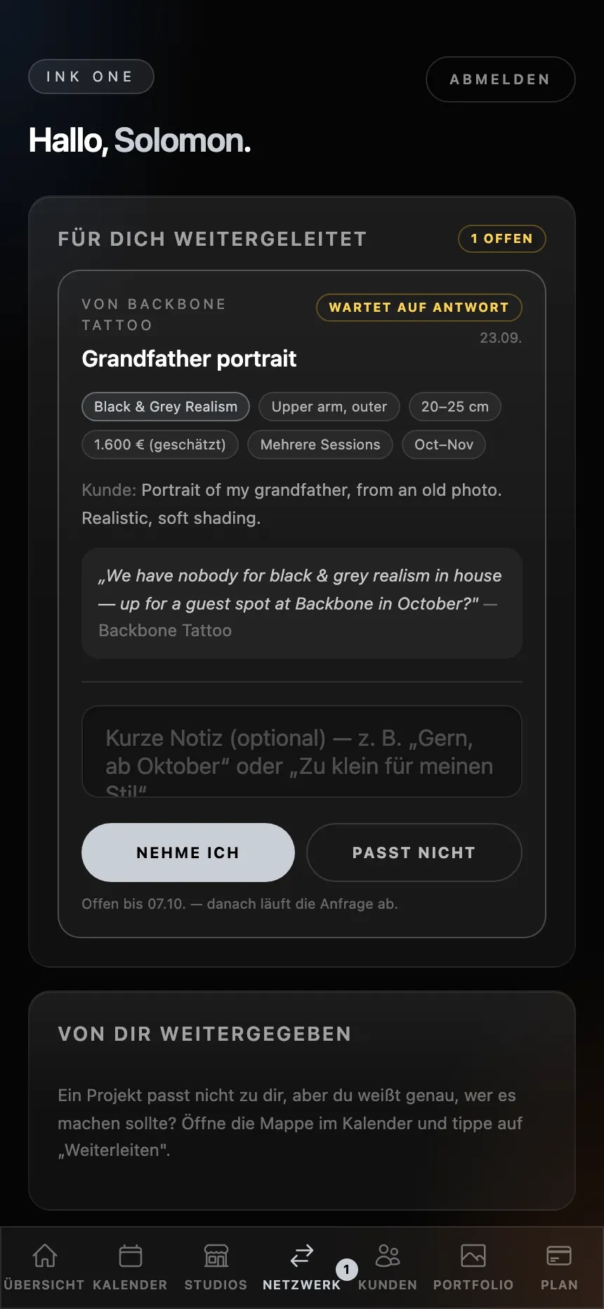Die Mappe taucht in seinem Portal auf.