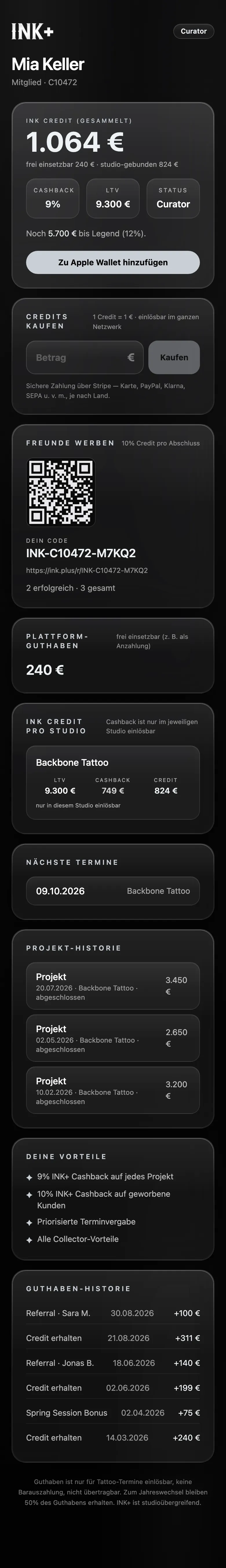 INK+ passport: credit, status, referrals and project history