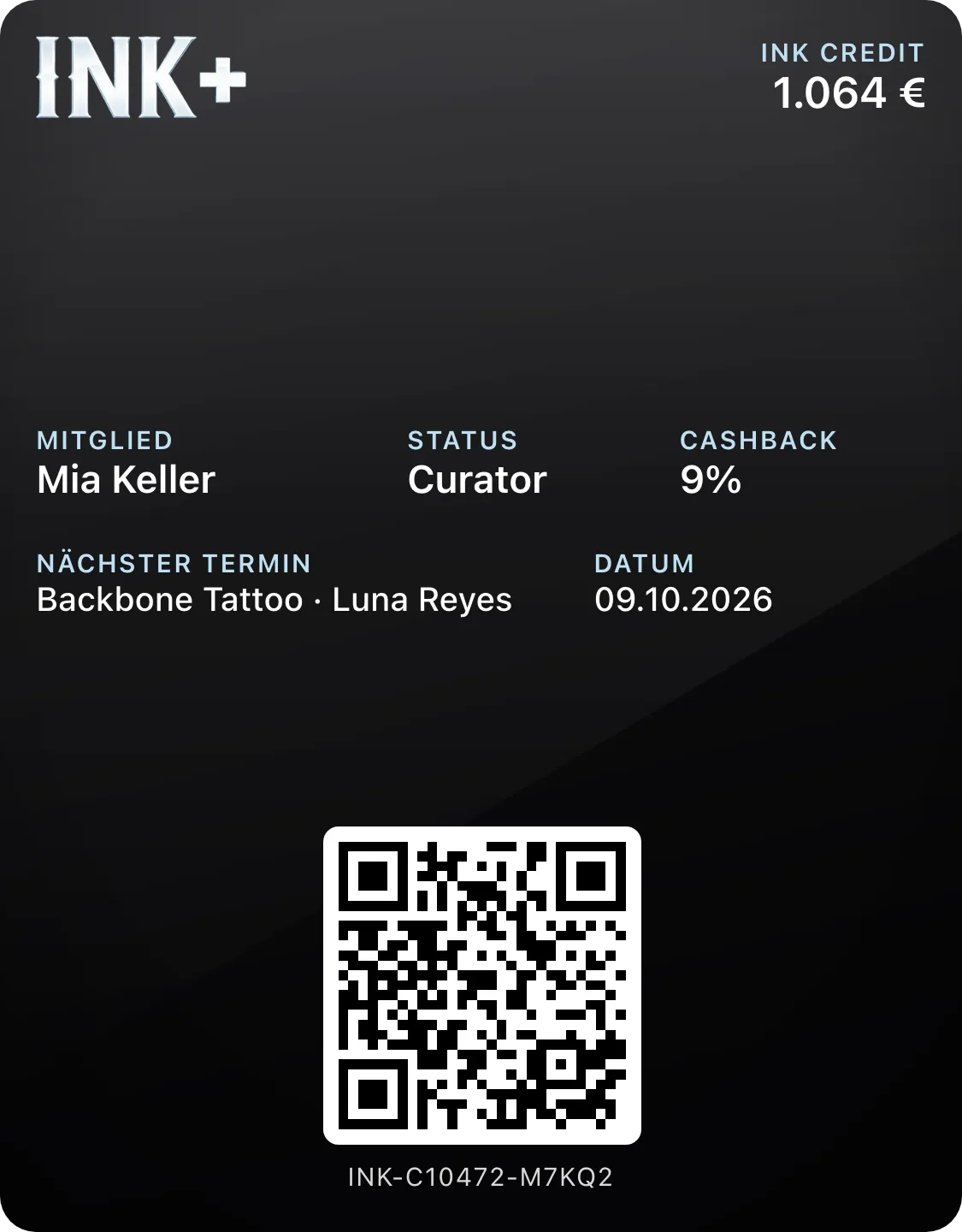 INK+ wallet card: member, status, cashback, next appointment and referral QR