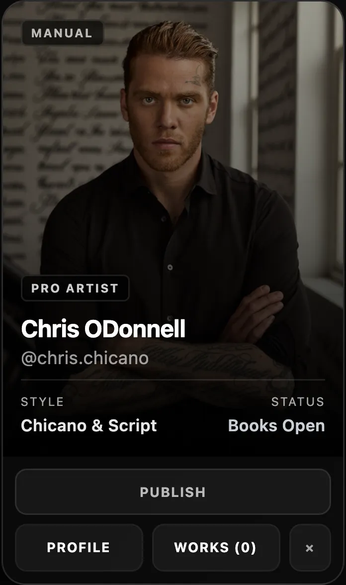 Artist card — Chris ODonnell, Pro Artist, Chicano & Script