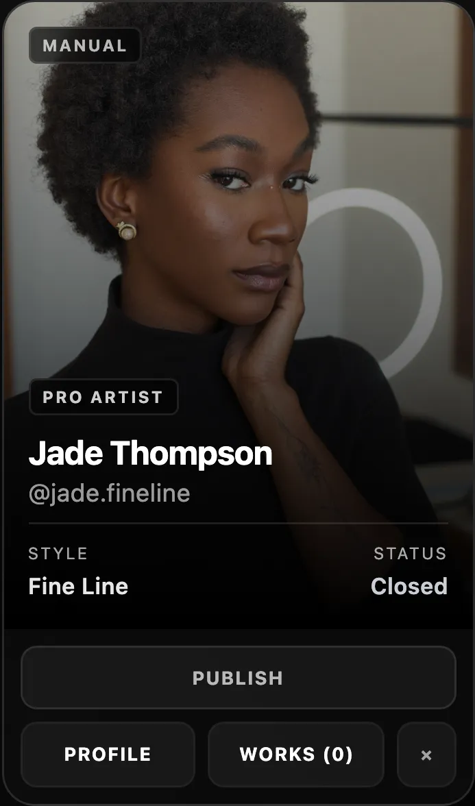 Artist card — Jade Thompson, Pro Artist, Fine Line